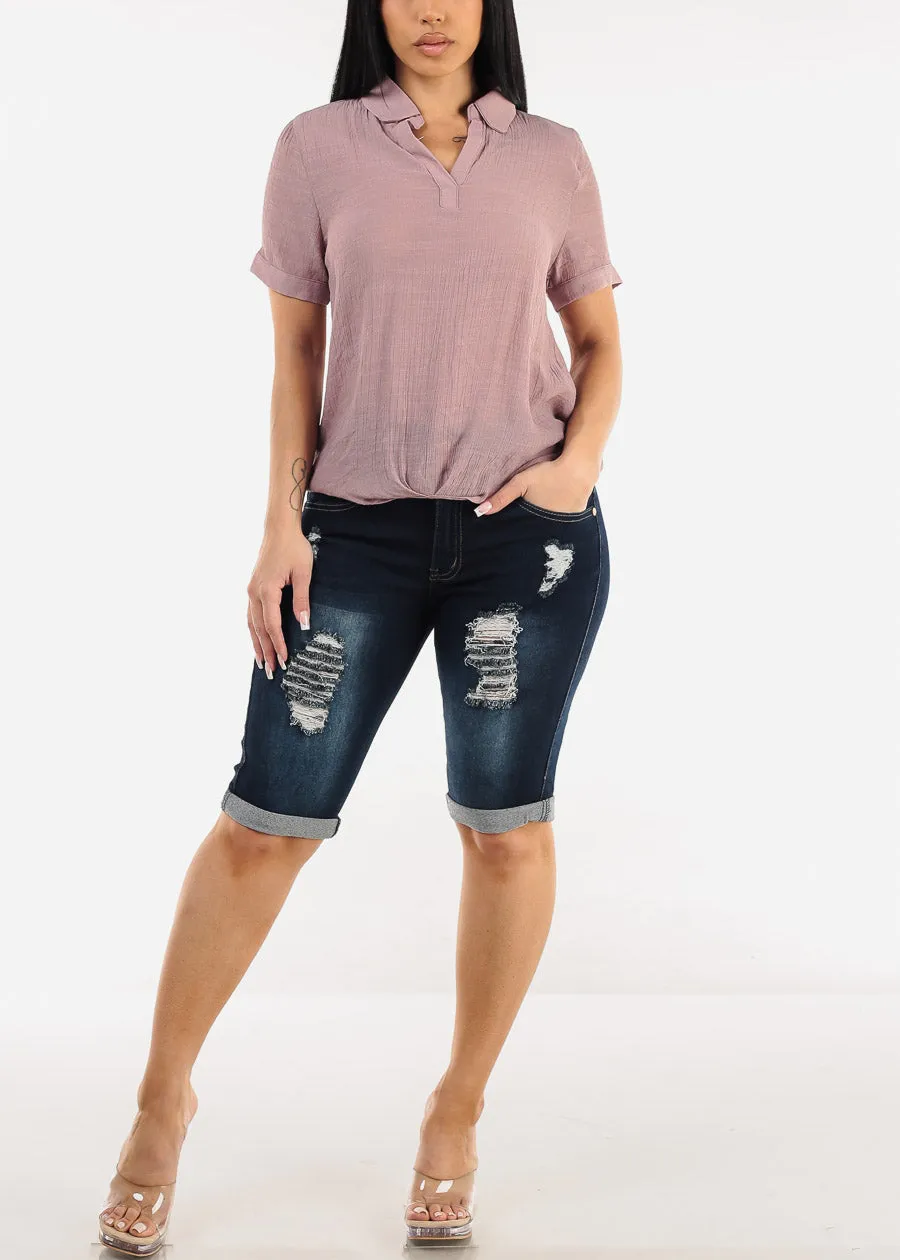 Casual Short Sleeve High Low Collared Top Light Mauve sold by Moda product image thumbnail 2