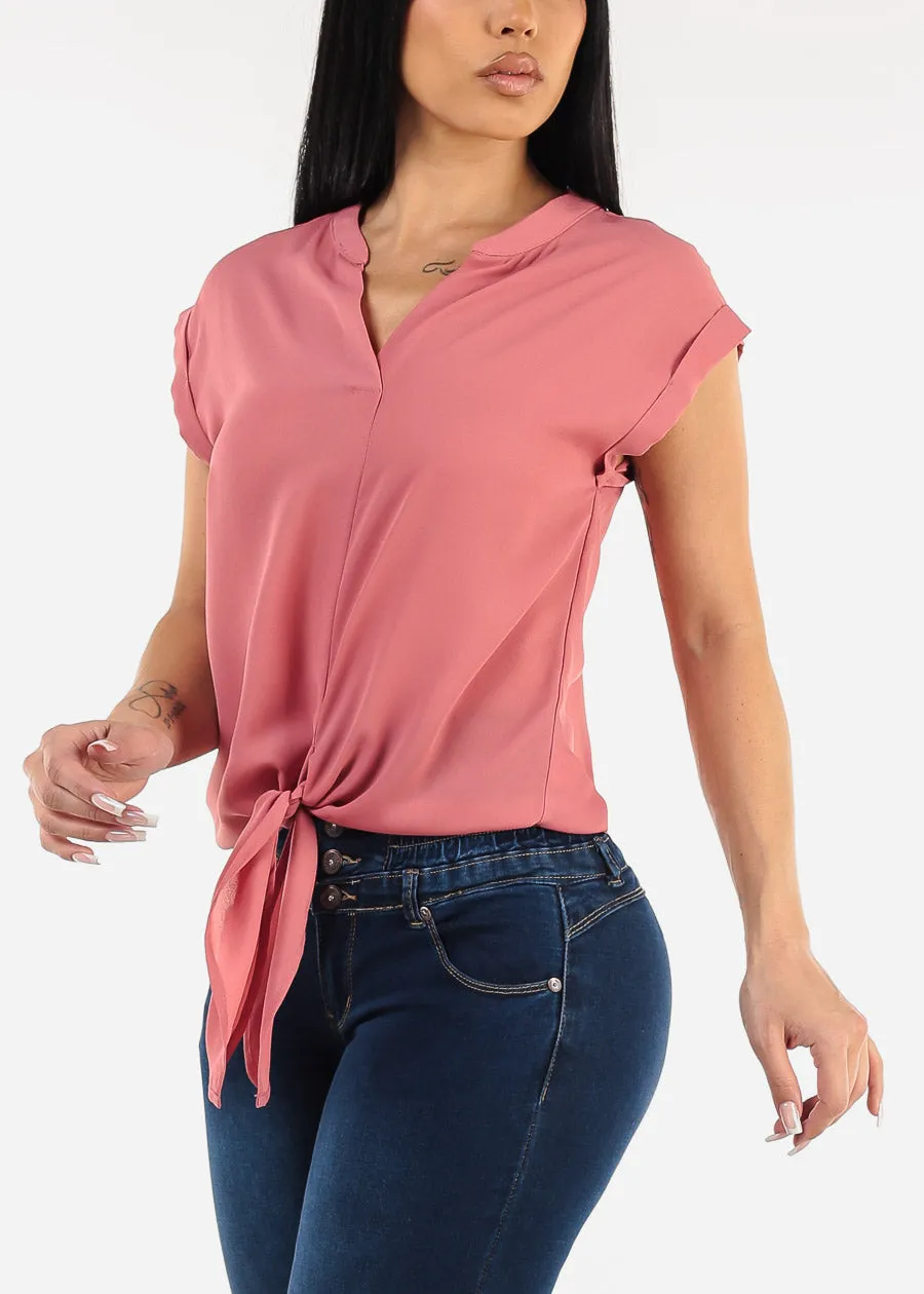 Short Sleeve Vneck Tie Front Blouse Mauve sold by Moda
