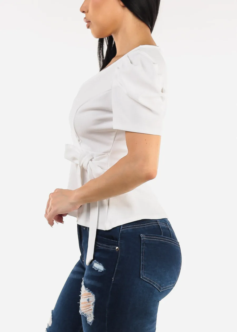 White Short Sleeve Surplice Peplum Blouse sold by Moda product image thumbnail 3