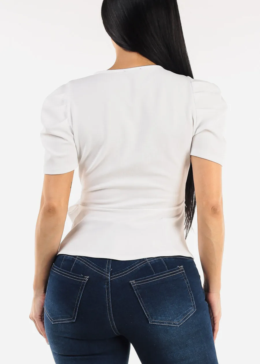 White Short Sleeve Surplice Peplum Blouse sold by Moda product image thumbnail 4