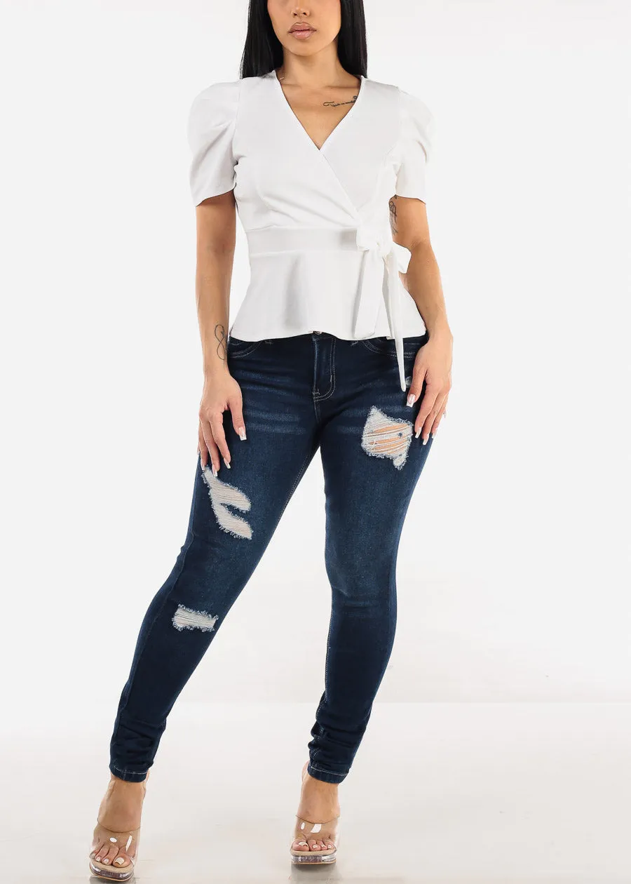 White Short Sleeve Surplice Peplum Blouse sold by Moda product image thumbnail 2