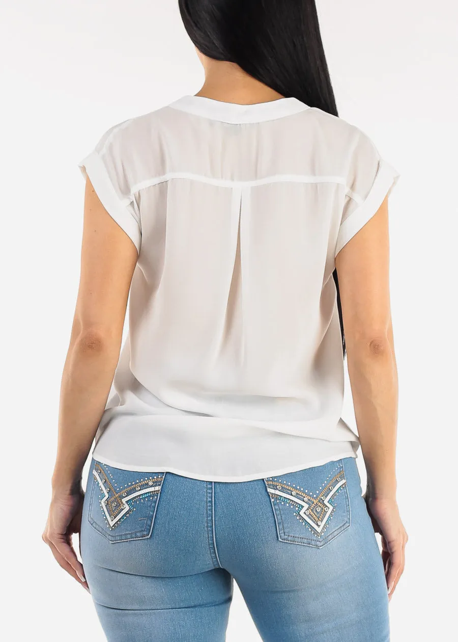 White Short Sleeve Vneck Tie Front Blouse sold by Moda product image thumbnail 4