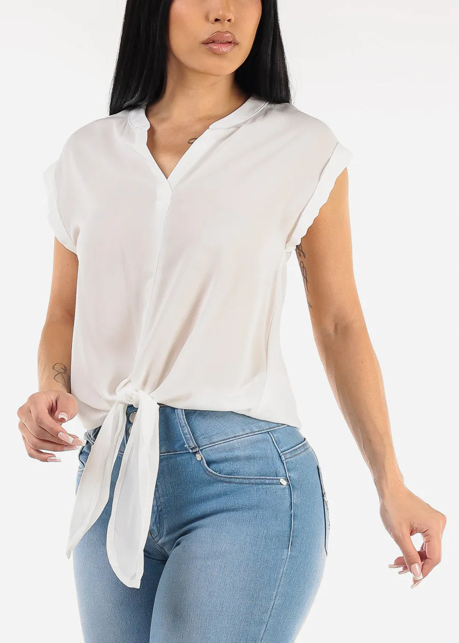 White Short Sleeve Vneck Tie Front Blouse sold by Moda
