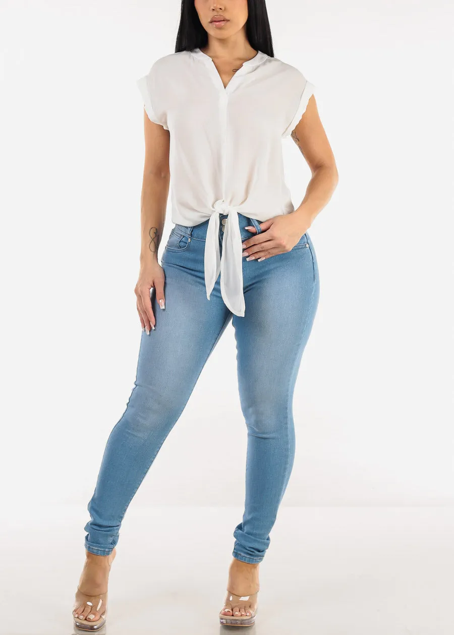 White Short Sleeve Vneck Tie Front Blouse sold by Moda product image thumbnail 2