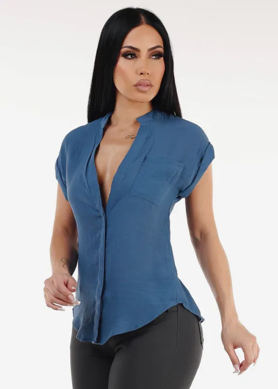Casual Short Sleeve Button Up Shirt Denim Blue sold by Moda