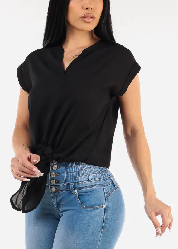 Short Sleeve Vneck Tie Front Blouse Black sold by Moda