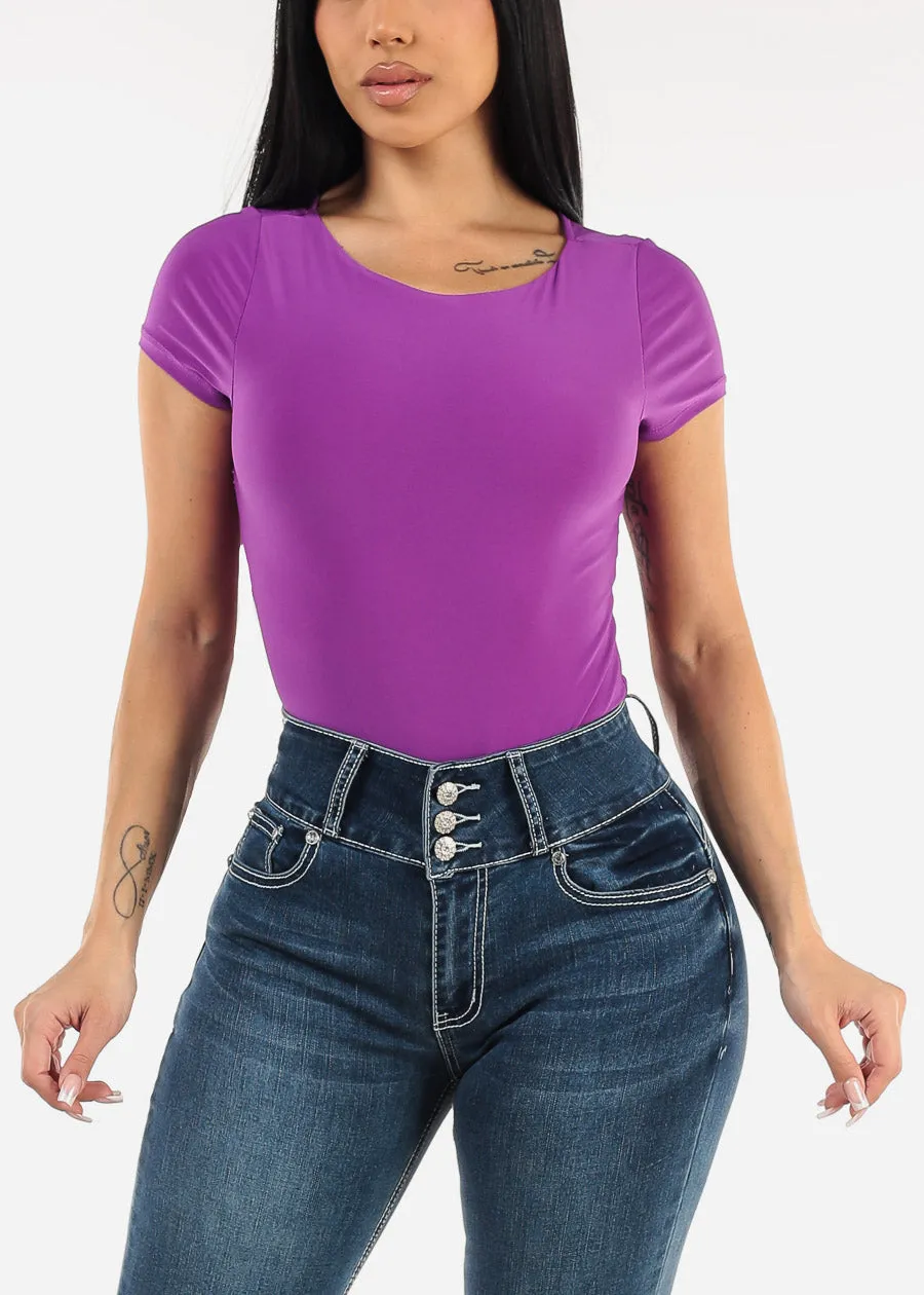 Short Sleeve Round Neck Thong Bodysuit Purple sold by Moda product image thumbnail 5