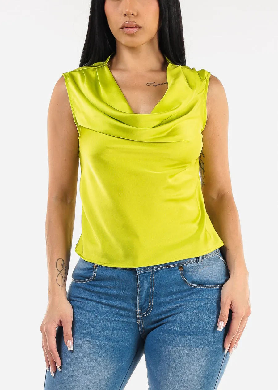 Sleeveless Cowl Neckline Satin Blouse Neon Lime sold by Moda