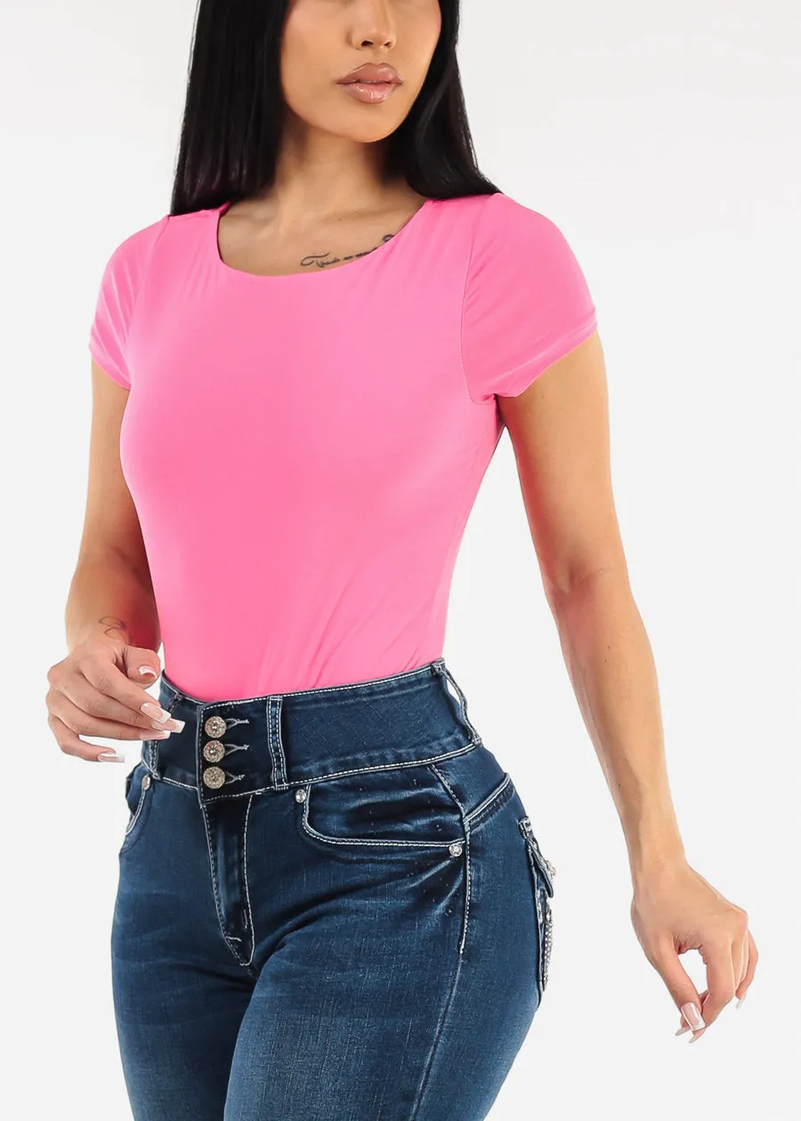 Short Sleeve Round Neck Thong Bodysuit Hot Pink sold by Moda product image thumbnail 5