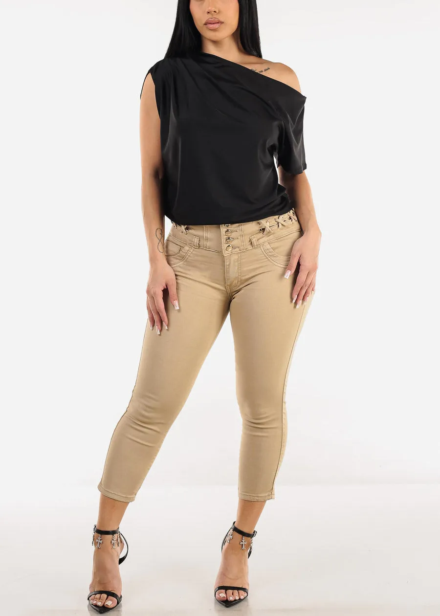 Asymmetrical Neckline Pleated Satin Blouse Black sold by Moda product image thumbnail 2