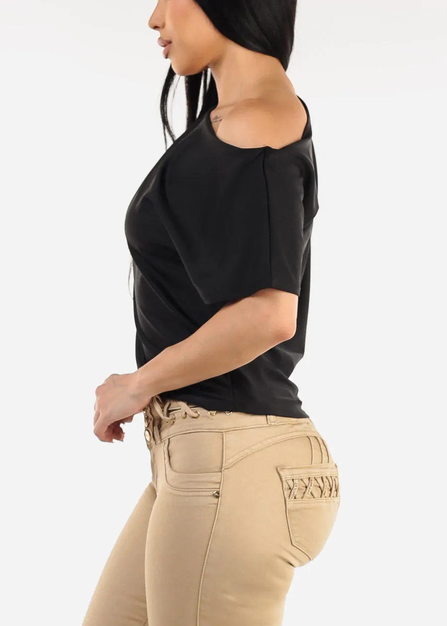 Asymmetrical Neckline Pleated Satin Blouse Black sold by Moda product image thumbnail 3