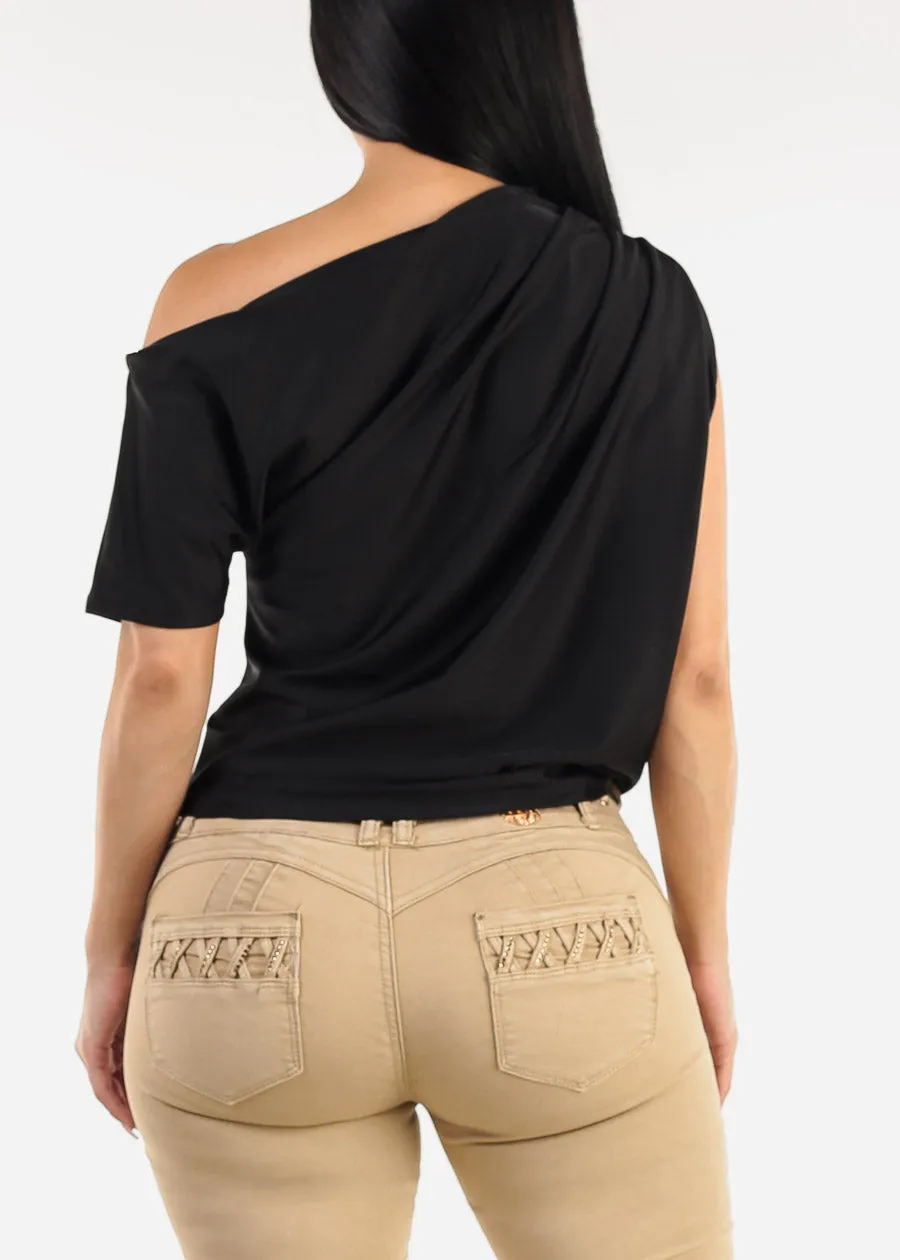Asymmetrical Neckline Pleated Satin Blouse Black sold by Moda product image thumbnail 4
