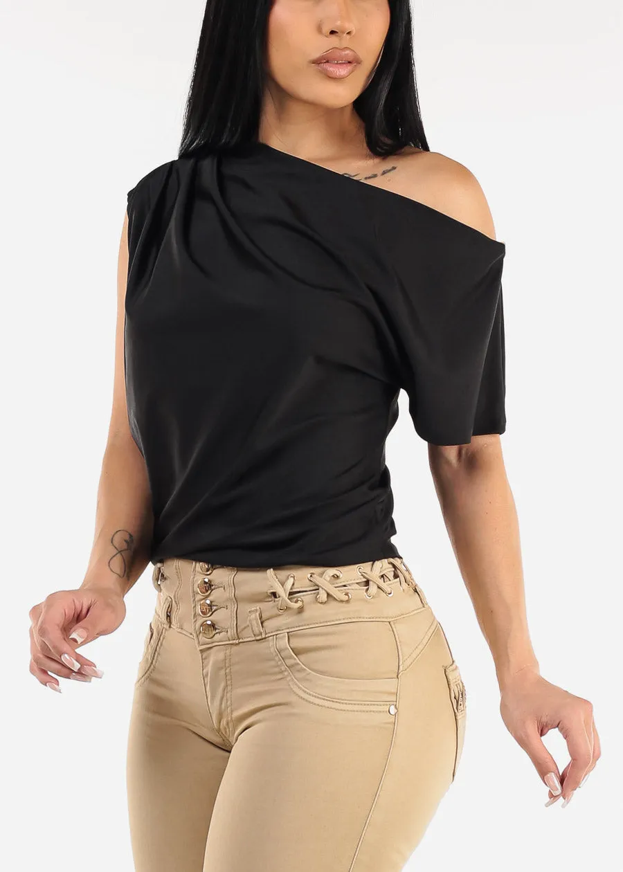 Asymmetrical Neckline Pleated Satin Blouse Black sold by Moda