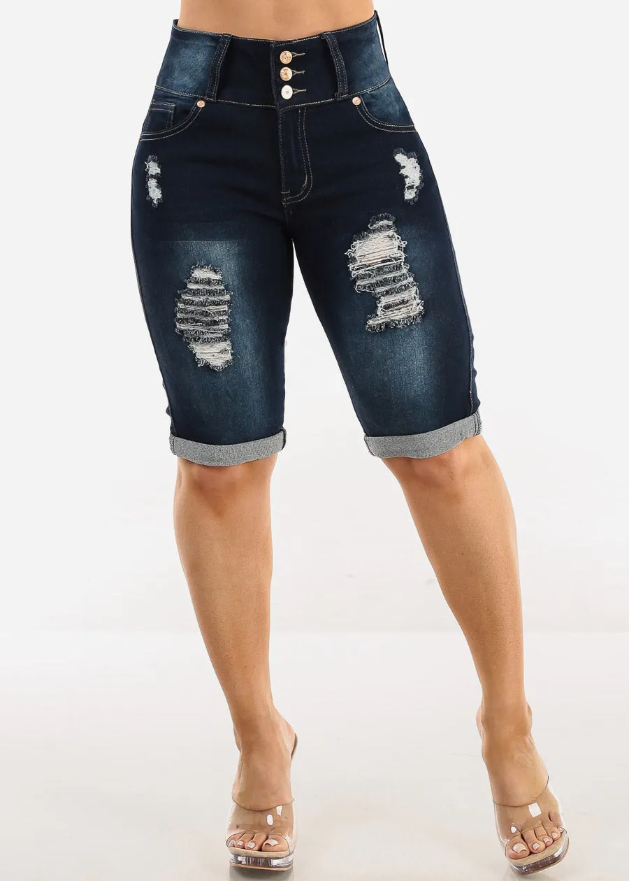 Butt Lift Distressed Denim Bermuda Shorts Dark Blue sold by Moda product image thumbnail 3