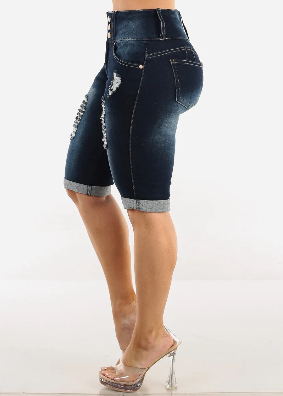 Butt Lift Distressed Denim Bermuda Shorts Dark Blue sold by Moda product image thumbnail 4
