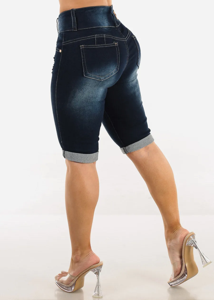 Butt Lift Distressed Denim Bermuda Shorts Dark Blue sold by Moda