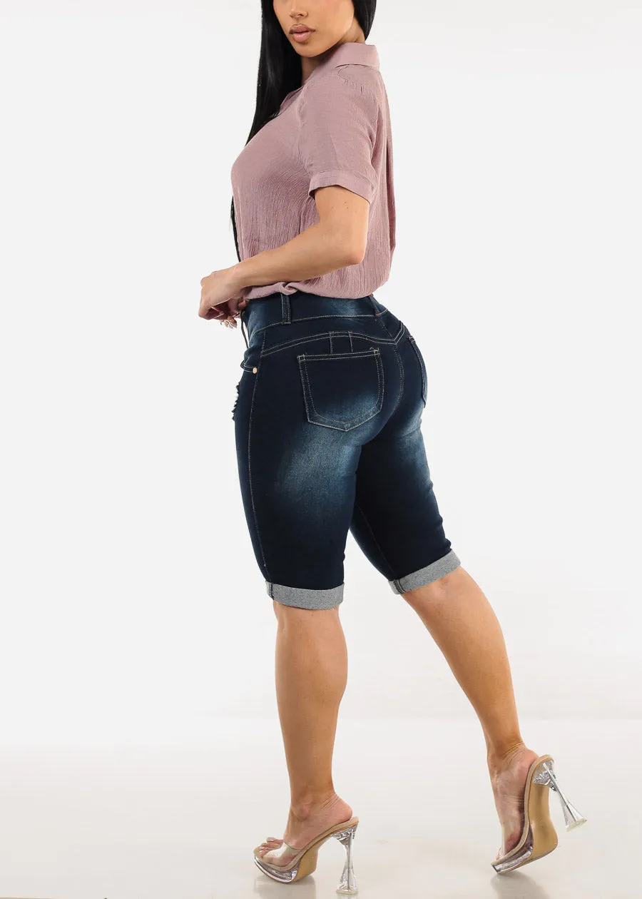 Butt Lift Distressed Denim Bermuda Shorts Dark Blue sold by Moda product image thumbnail 5