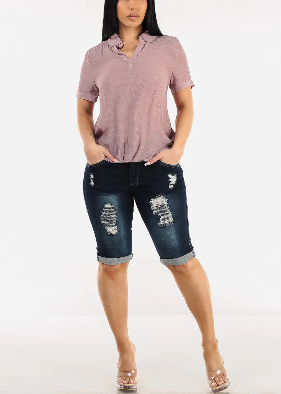 Butt Lift Distressed Denim Bermuda Shorts Dark Blue sold by Moda product image thumbnail 2