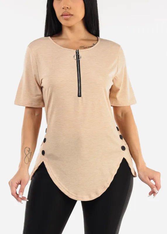 Short Sleeve Half Zip Up Tunic Top Beige sold by Moda