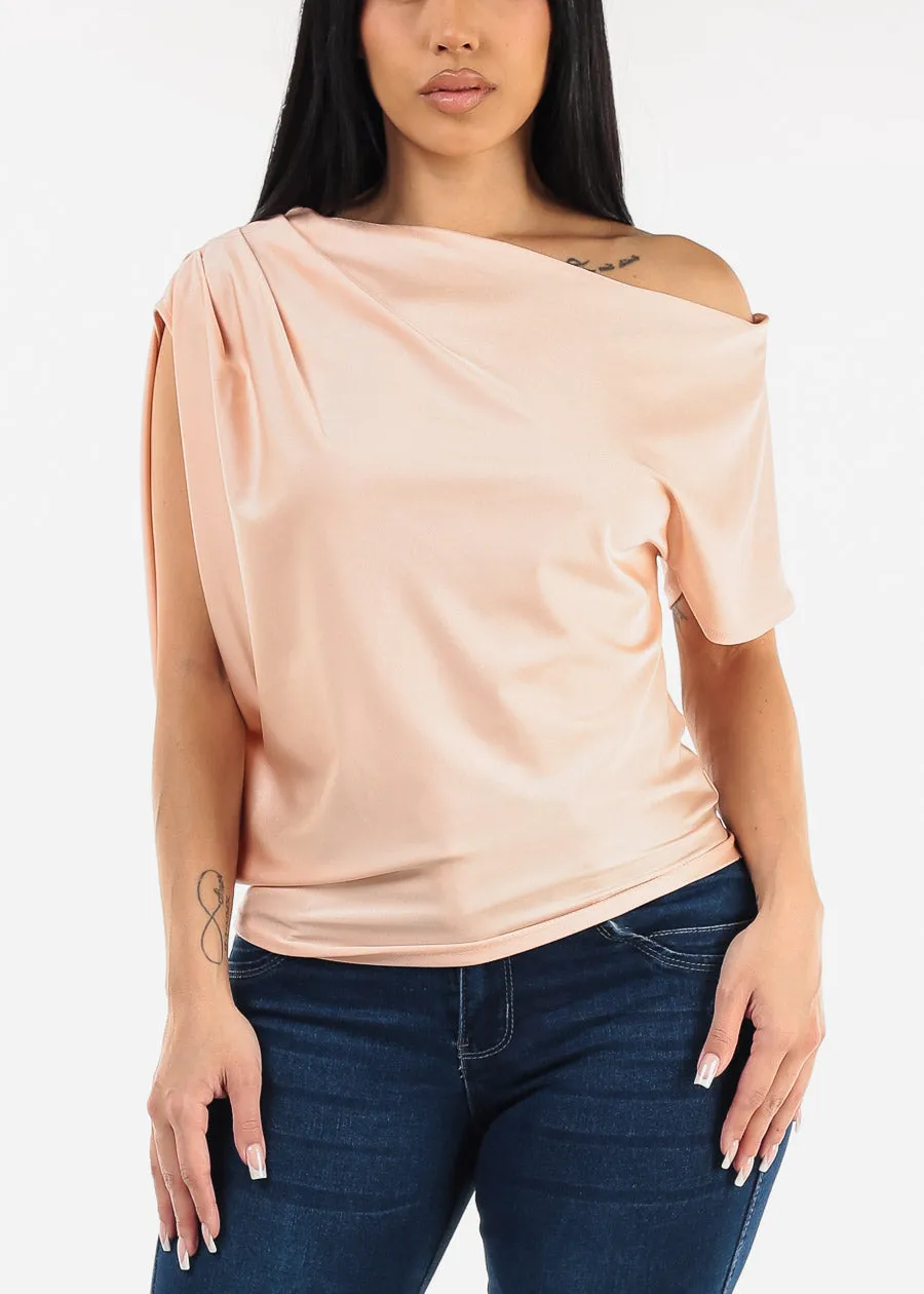 Asymmetrical Neckline Pleated Satin Blouse Peach sold by Moda