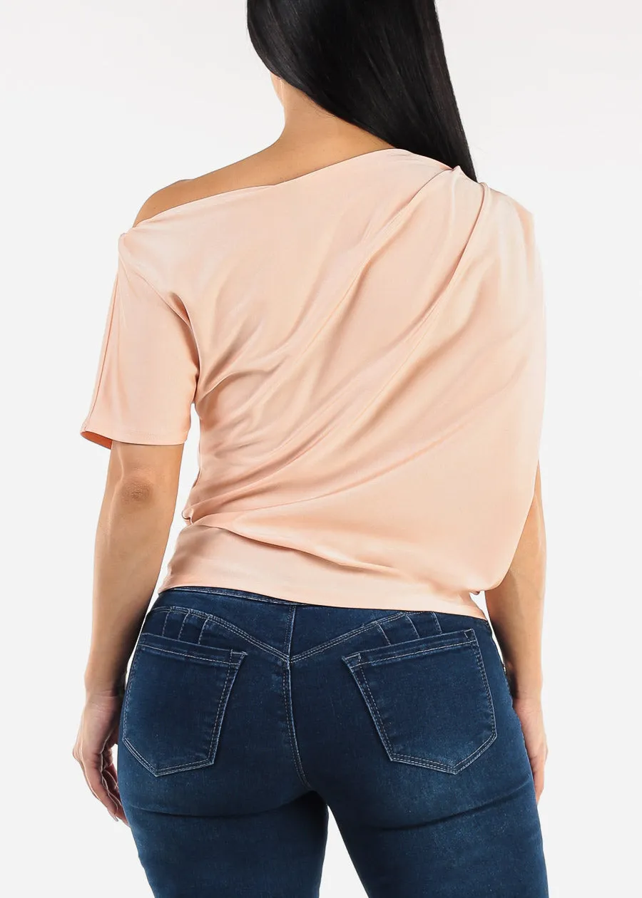 Asymmetrical Neckline Pleated Satin Blouse Peach sold by Moda product image thumbnail 4