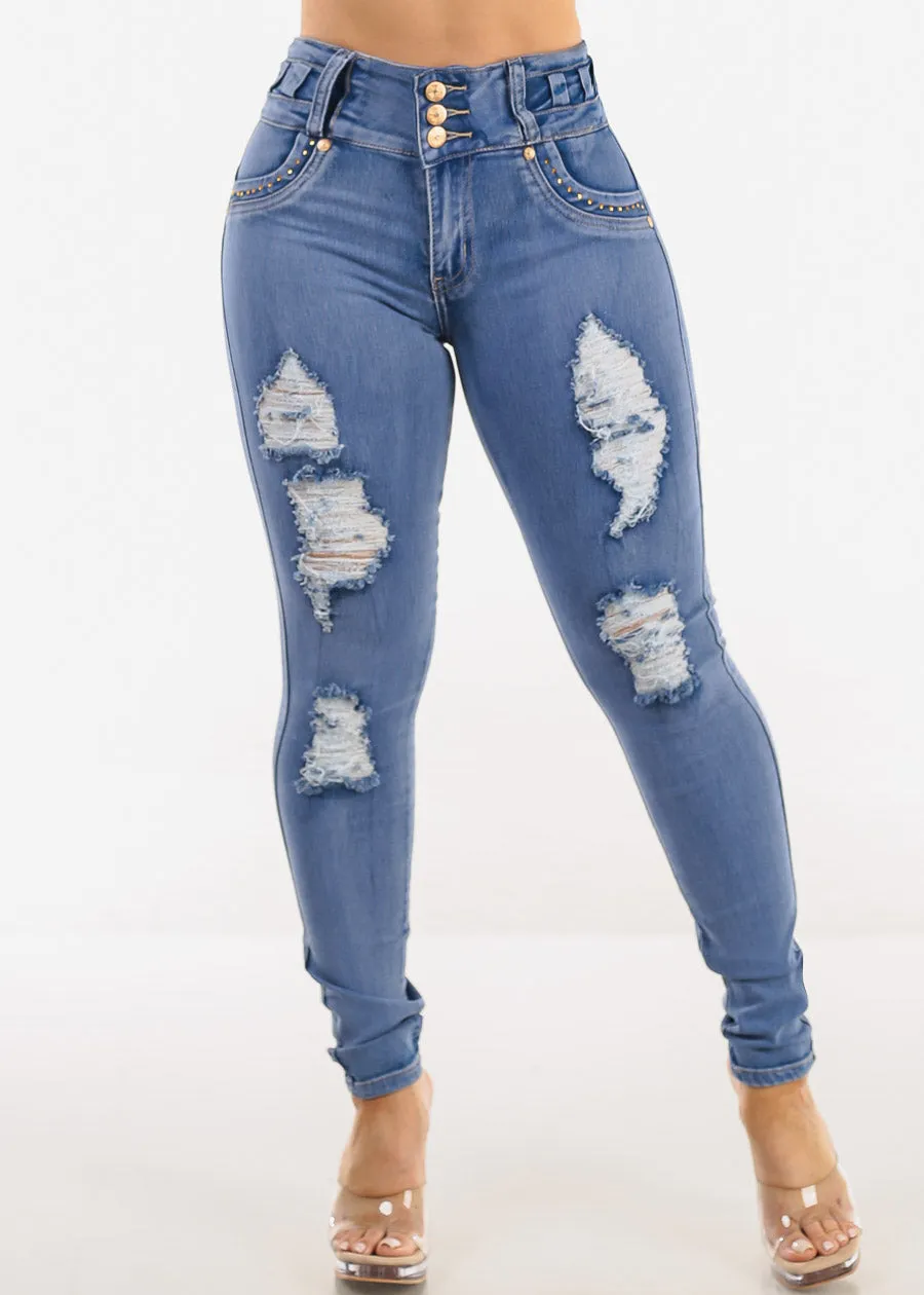 Butt Lift High Waist Distressed Skinny Jeans Blue sold by Moda product image thumbnail 4