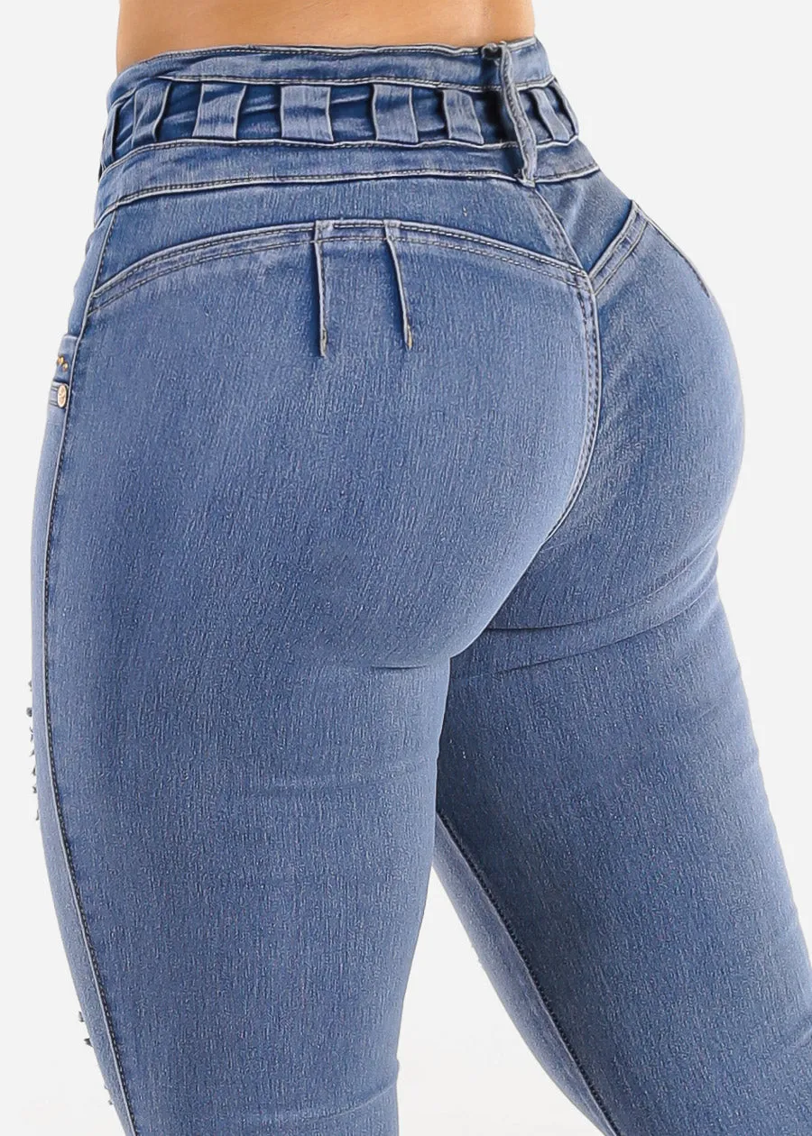 Butt Lift High Waist Distressed Skinny Jeans Blue sold by Moda