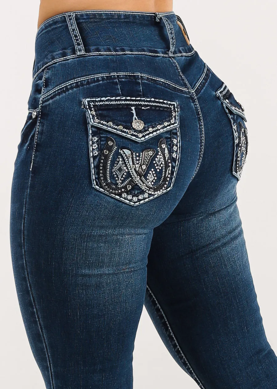 Butt Lift High Waist Dark Skinny Jeans w Back Pocket Design sold by Moda