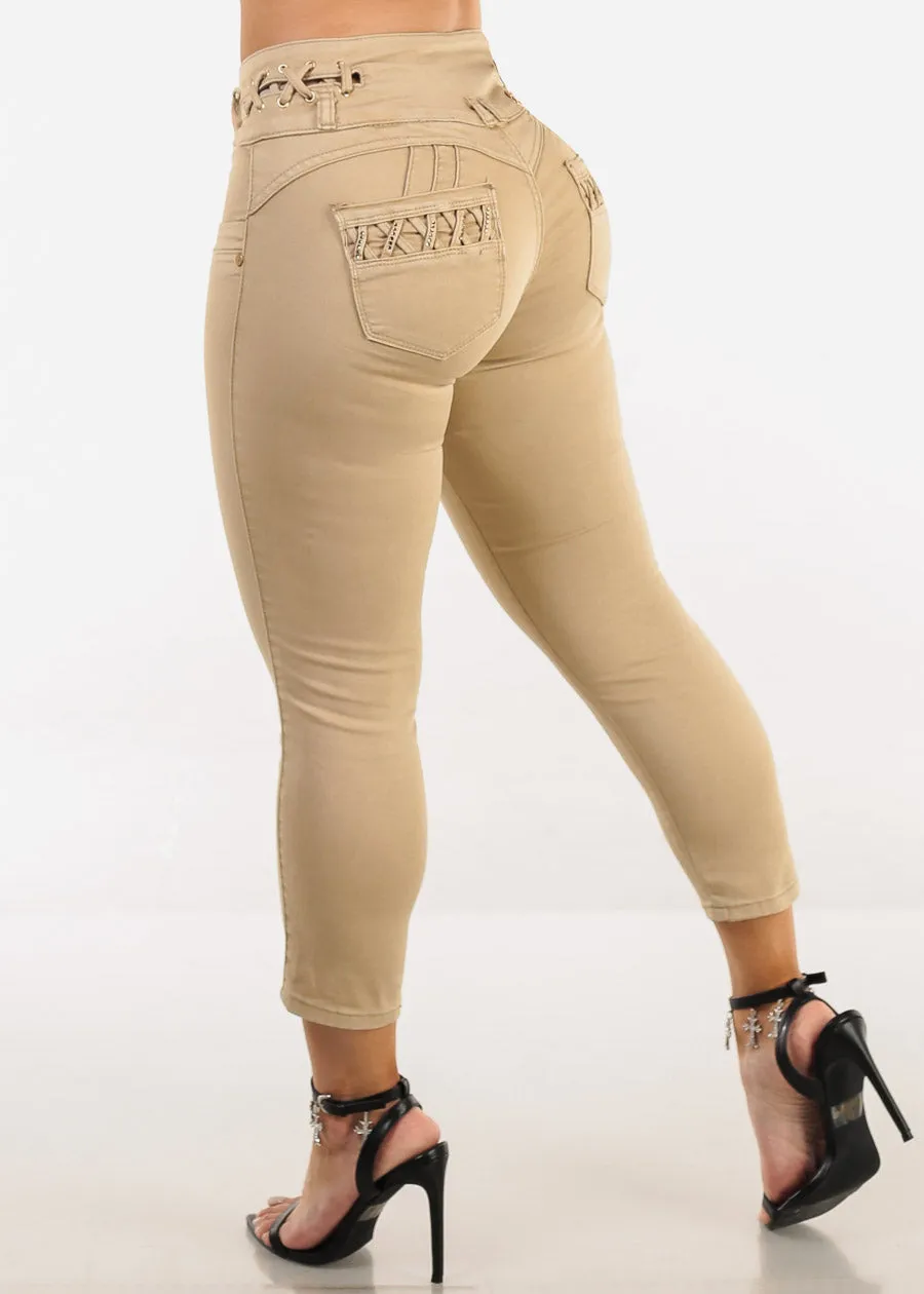 Butt Lift High Waist Denim Capris Khaki sold by Moda