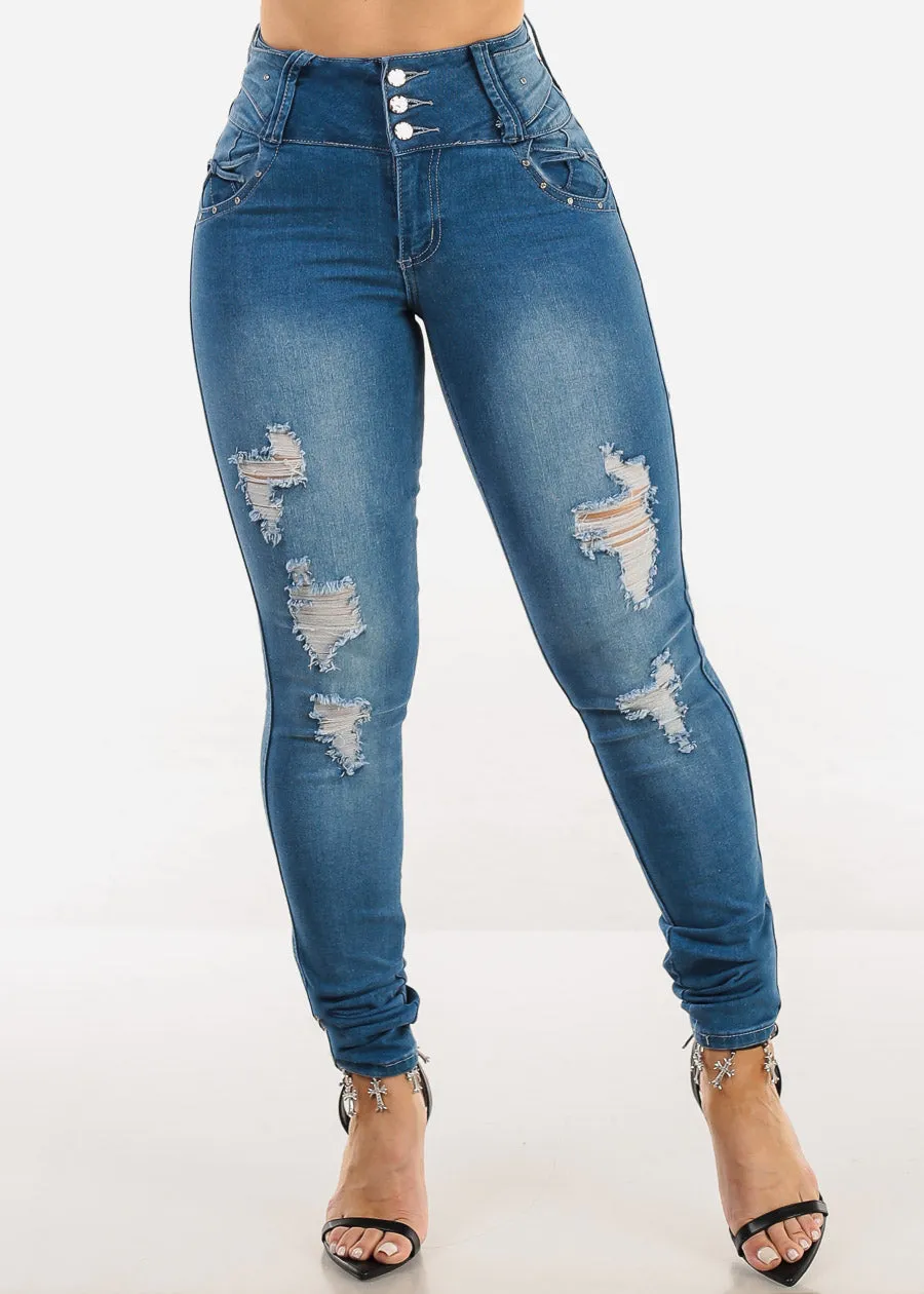 Butt Lift Distressed Skinny Jeans Med Blue sold by Moda product image thumbnail 3