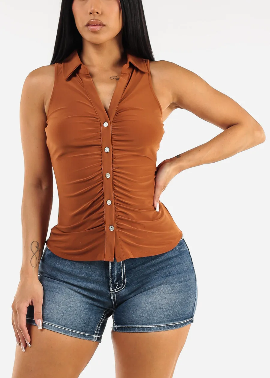 Ruched Sleeveless Collared Blouse Light Brown sold by Moda product image thumbnail 3