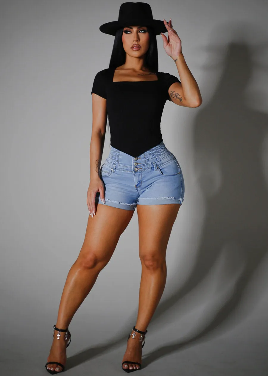 Short Sleeve Square Neck Textured Crop Top Black sold by Moda product image thumbnail 2