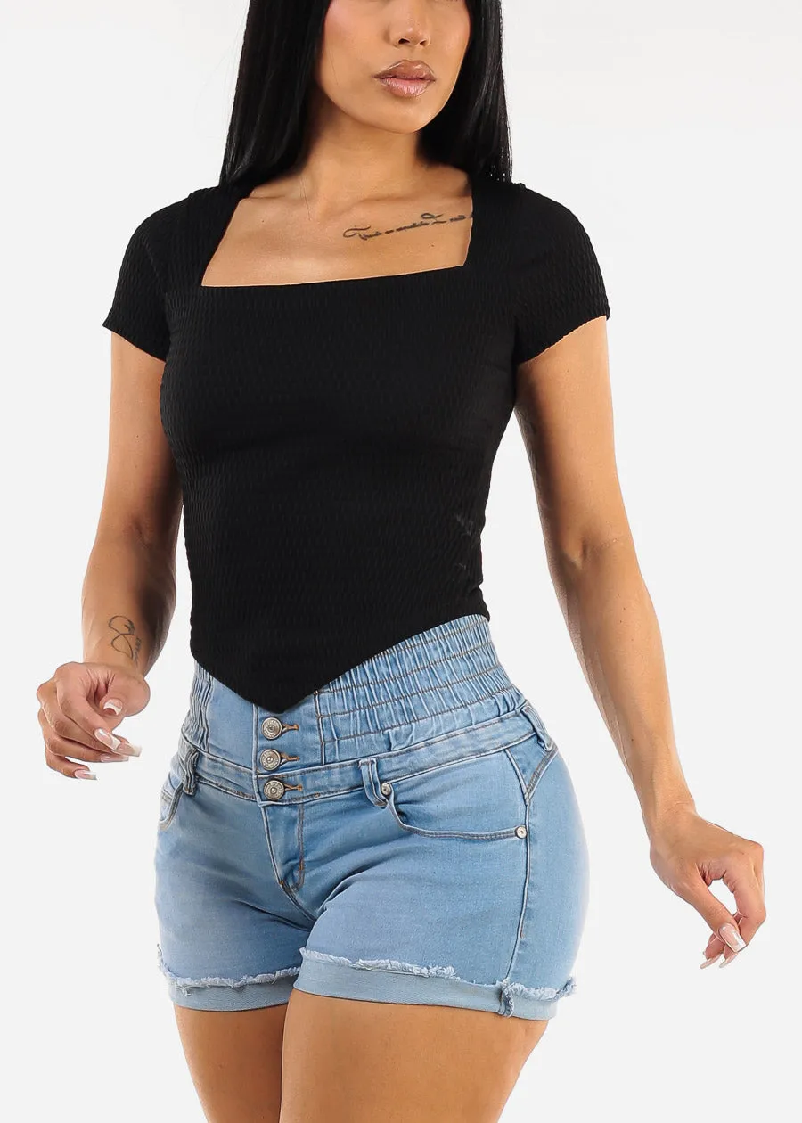 Short Sleeve Square Neck Textured Crop Top Black sold by Moda product image thumbnail 3
