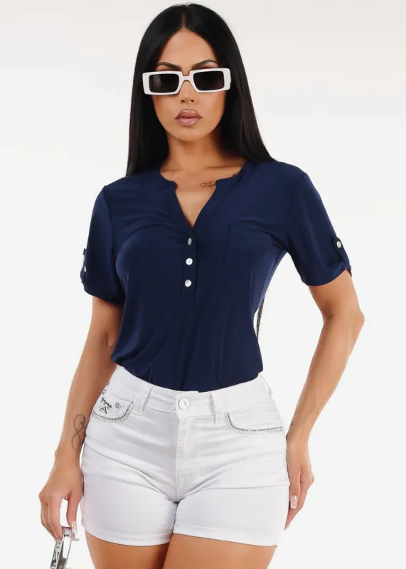 Short Sleeve Half Button Up Blouse Navy sold by Moda