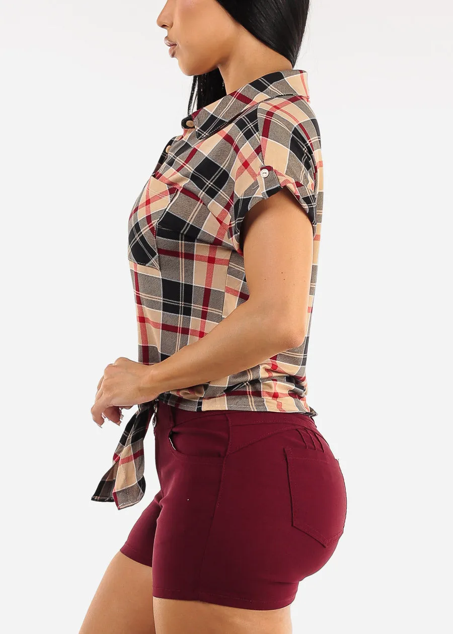 Tie Front Button Up Plaid Shirt Taupe & Black sold by Moda product image thumbnail 3