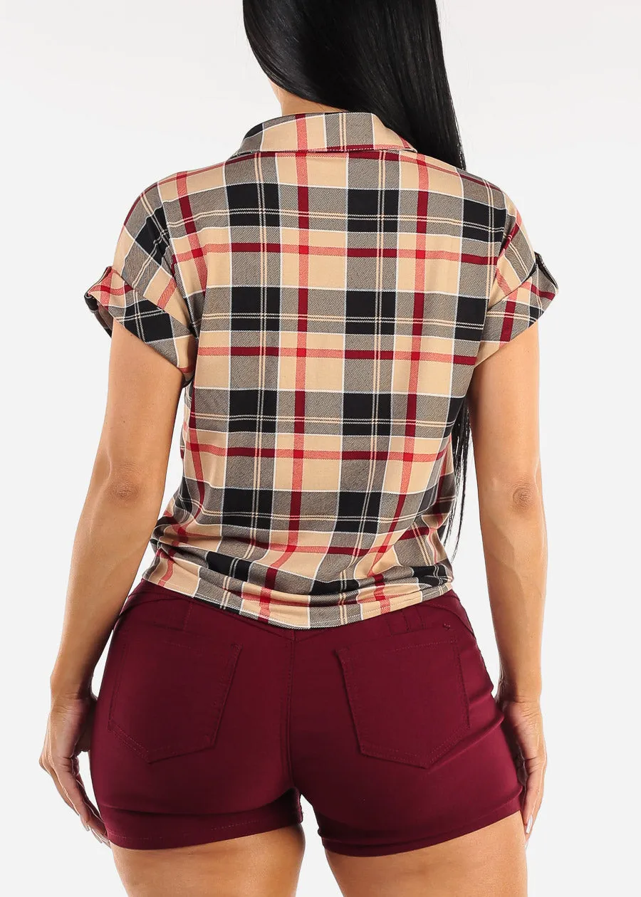 Tie Front Button Up Plaid Shirt Taupe & Black sold by Moda product image thumbnail 4