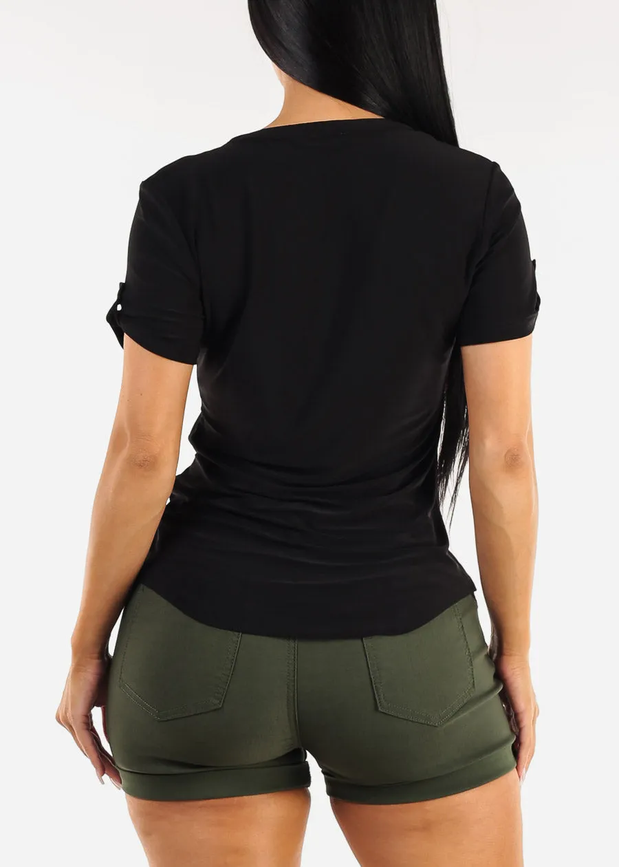 Short Sleeve Half Button Up Blouse Black sold by Moda product image thumbnail 4