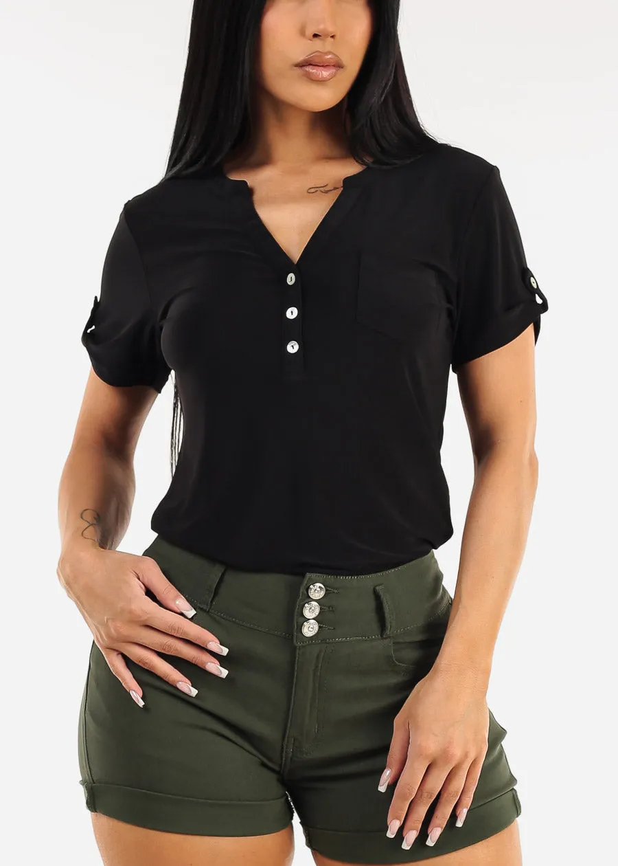 Short Sleeve Half Button Up Blouse Black sold by Moda