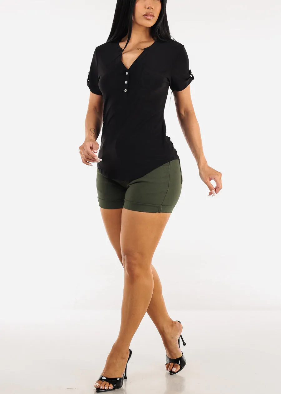 Short Sleeve Half Button Up Blouse Black sold by Moda product image thumbnail 2