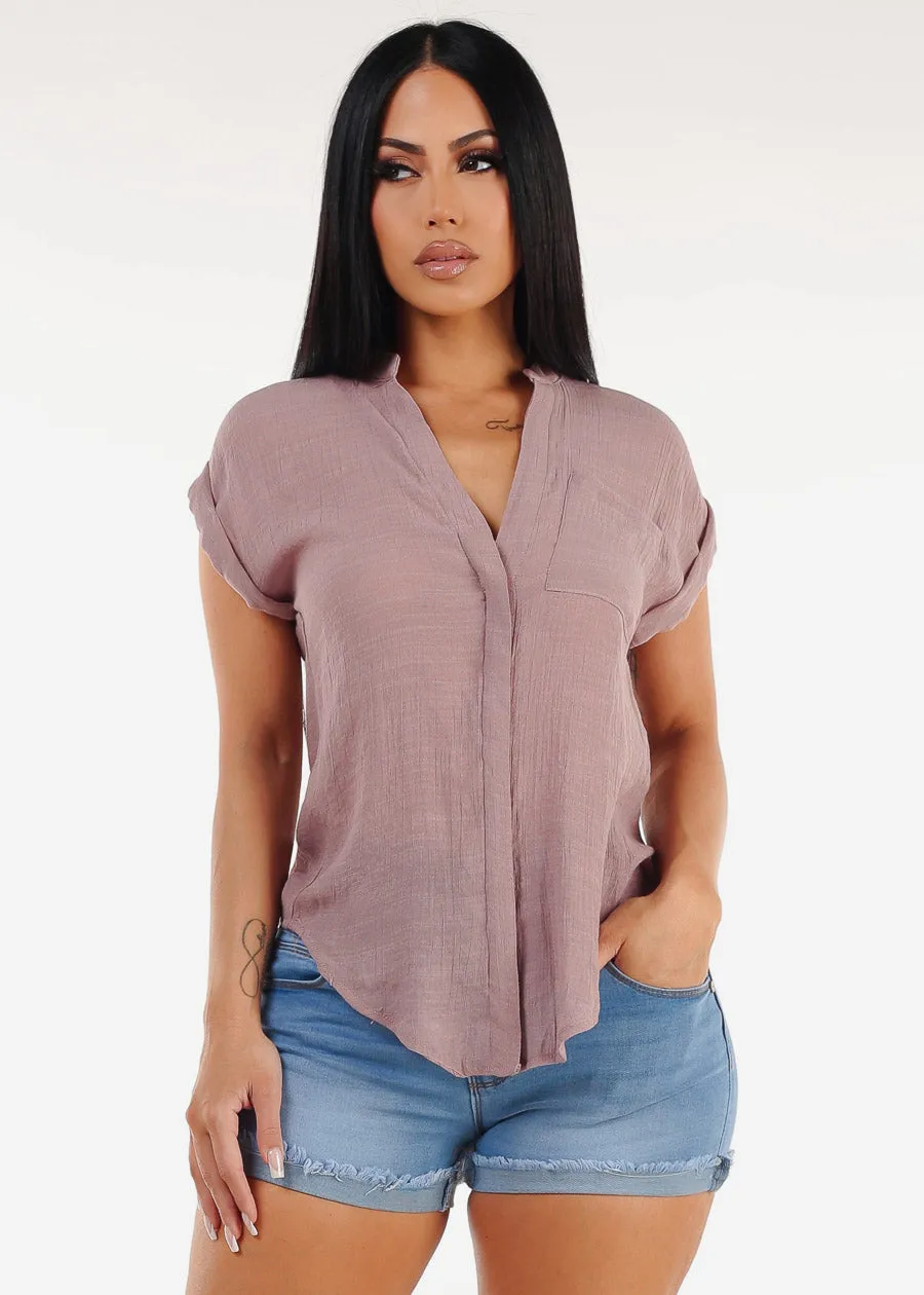 Casual Short Sleeve Button Up Shirt Dark Mauve sold by Moda