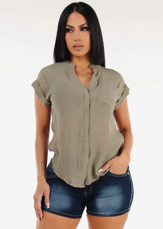 Casual Short Sleeve Button Up Shirt Light Olive sold by Moda
