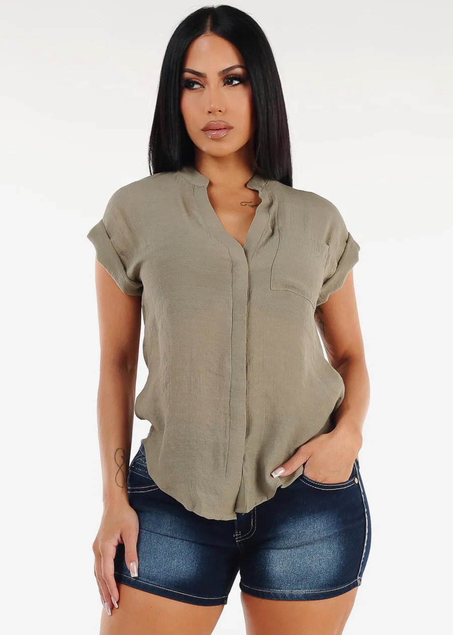 Casual Short Sleeve Button Up Shirt Light Olive sold by Moda
