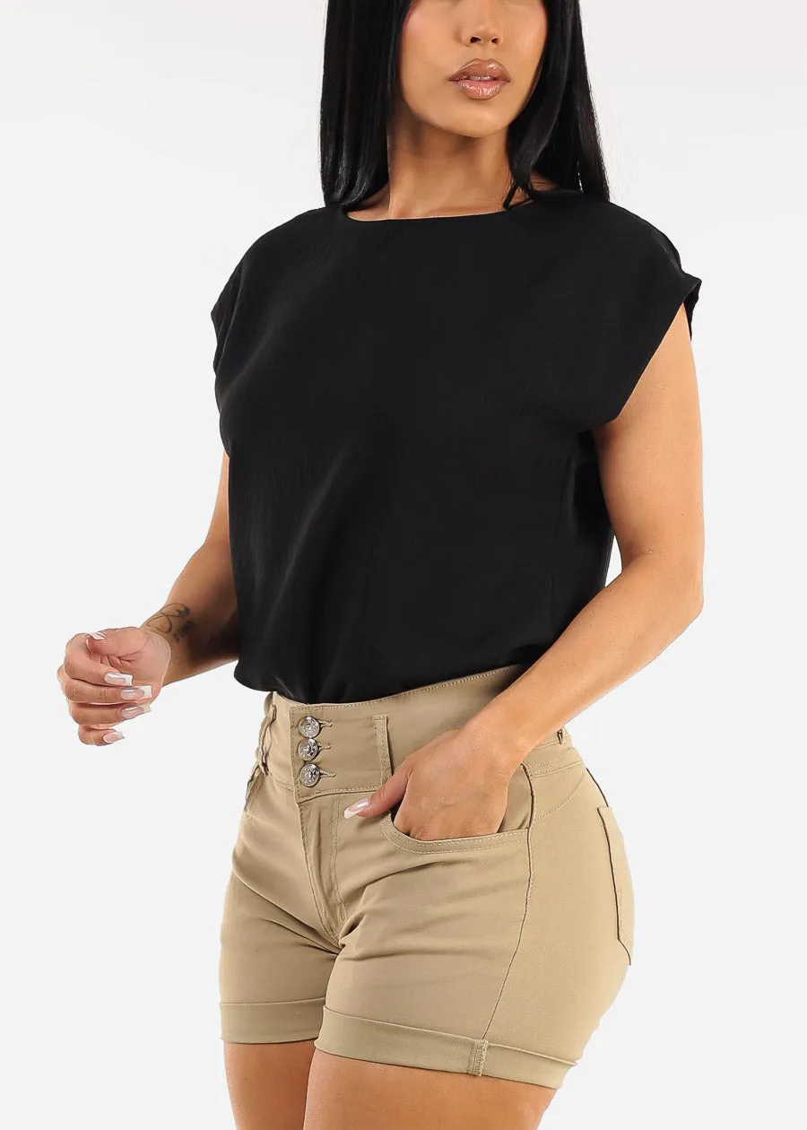 Black Cap Sleeve Crewneck Blouse sold by Moda