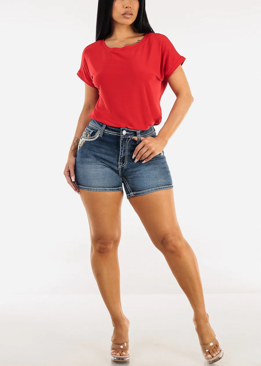 Embroidered High Waist Stretch Denim Shorts Dark Stone Wash sold by Moda product image thumbnail 2