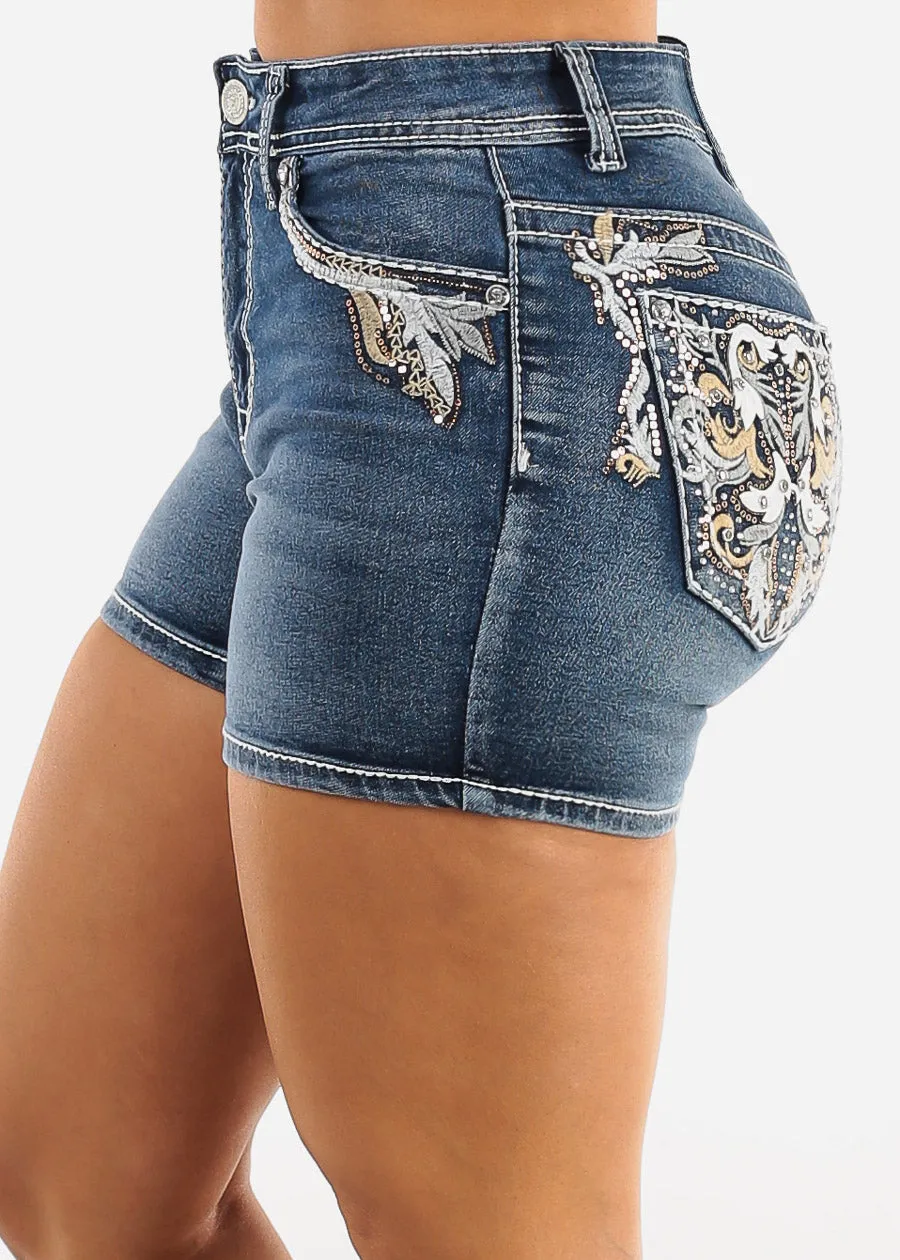 Embroidered High Waist Stretch Denim Shorts Dark Stone Wash sold by Moda product image thumbnail 4
