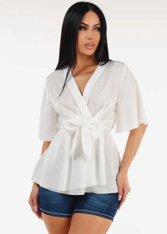 Elbow Sleeve Tie Front White Blouse sold by Moda