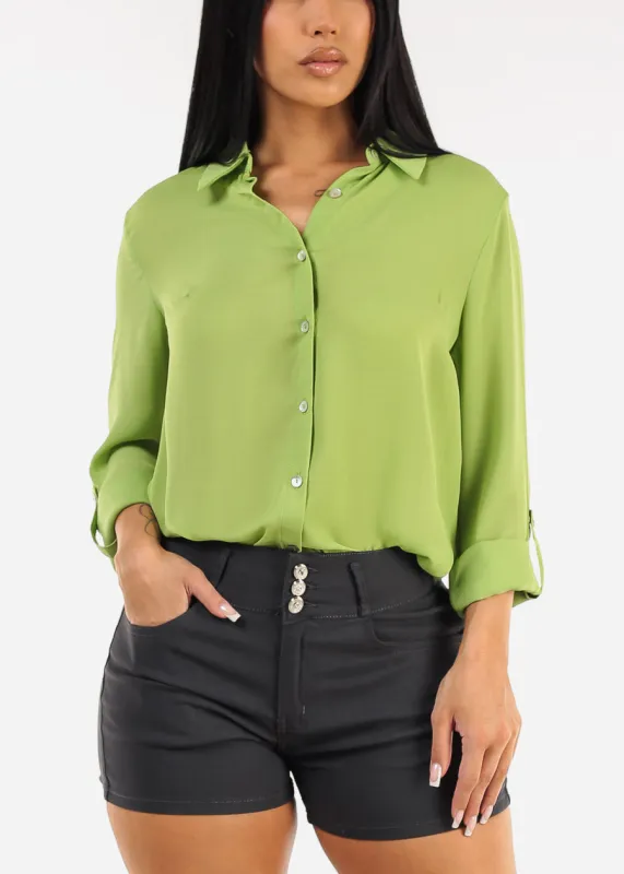 Long Sleeve Button Down Collared Blouse Light Green sold by Moda