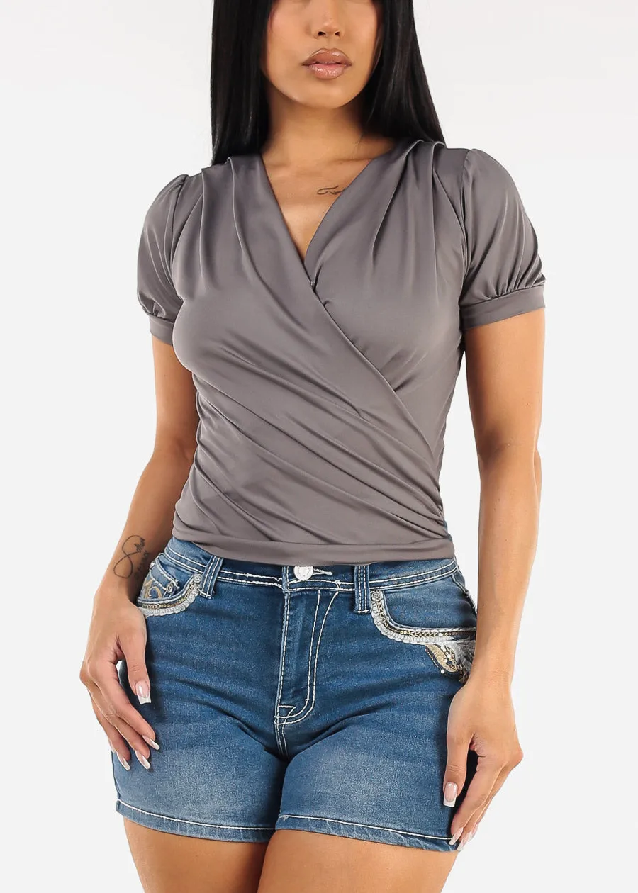 Short Sleeve Surplice Blouse Charcoal sold by Moda