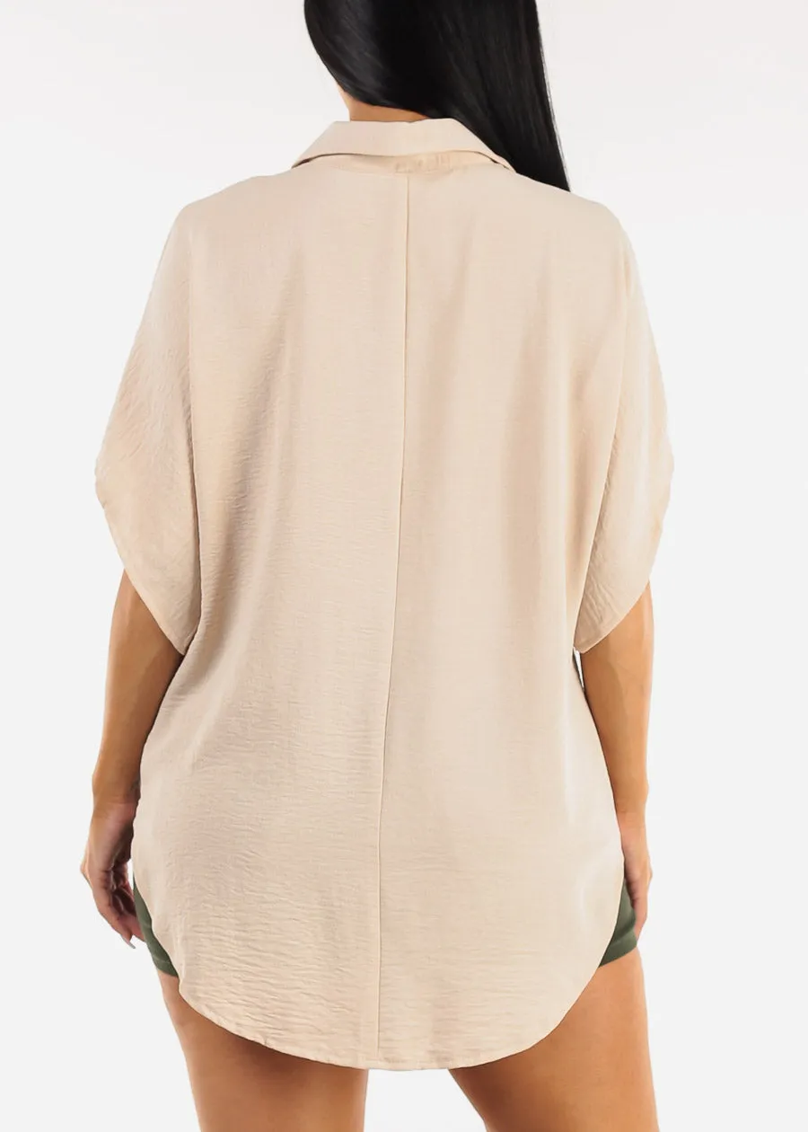 Short Sleeve Button Up Loose Fit Blouse Beige sold by Moda product image thumbnail 4