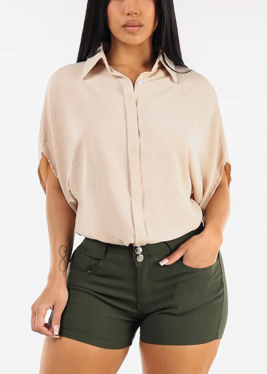 Short Sleeve Button Up Loose Fit Blouse Beige sold by Moda